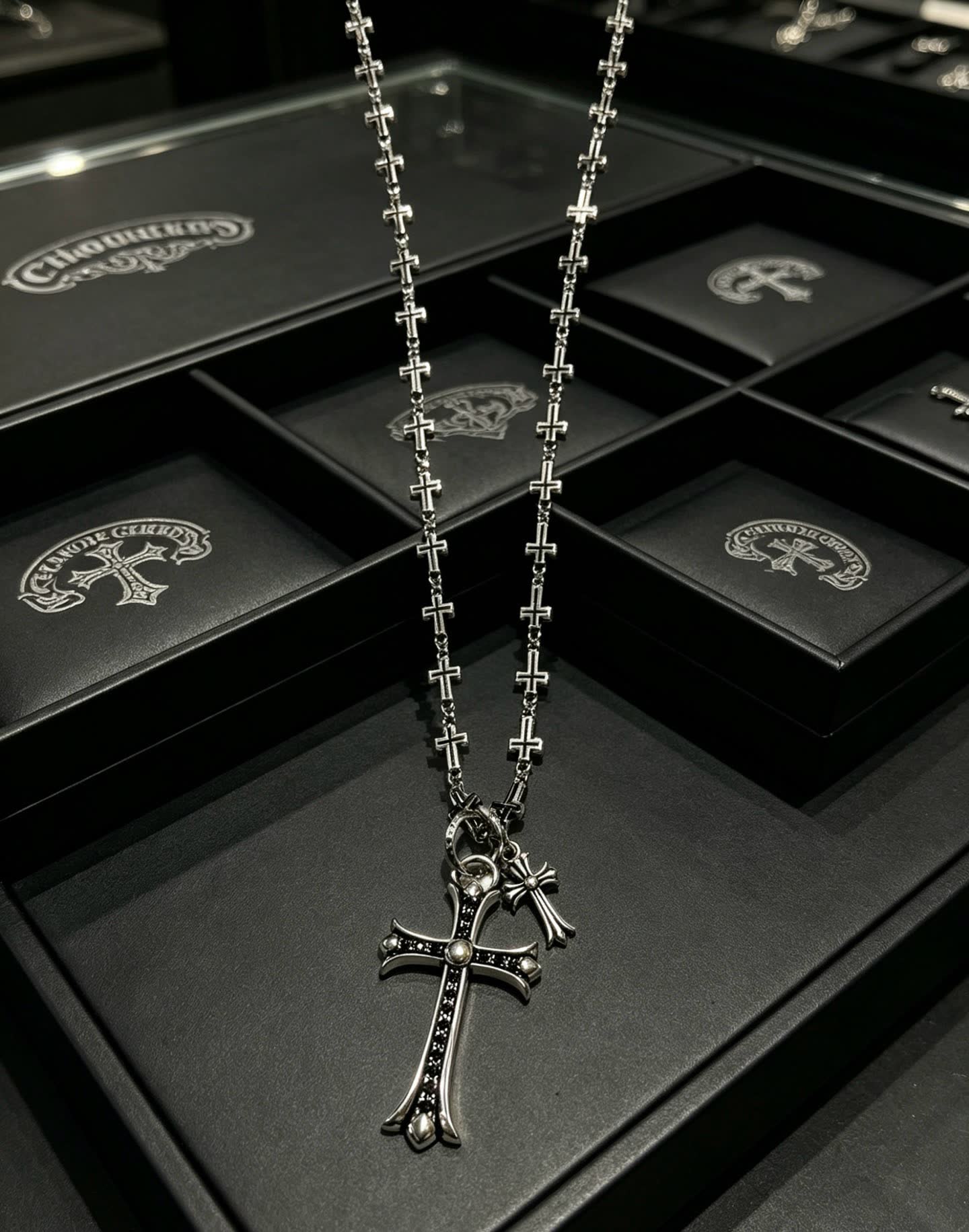 Chrome Hearts Silver Cross Necklace with Black Inlay